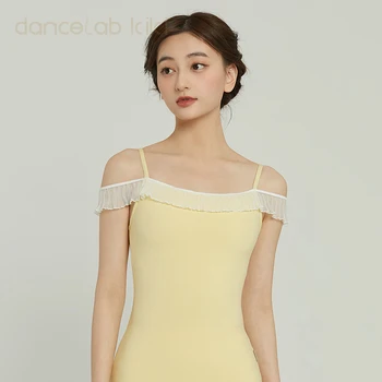 Женское танцевальное балетное трико, желтый камзол, белое кружево для украшения, профиль до середины спины с именем Маленькая фея