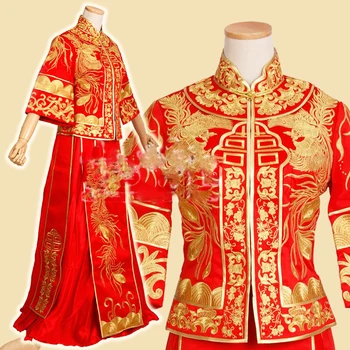 Традиционный китайский свадебный костюм невесты из Ханфу с вышивкой Феникса с большим подолом Xiu He Fu для ТВ-шоу или фотосъемки